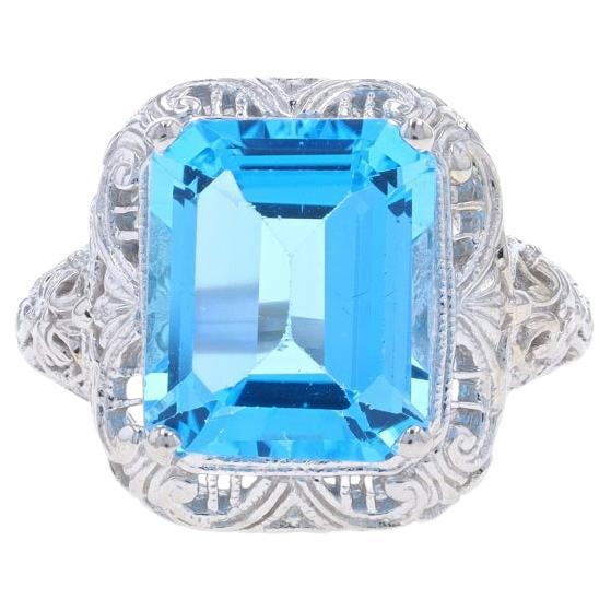 Anillo solitario de oro blanco con topacio azul de cóctel - 14k talla esmeralda 6,93ct Filigrana