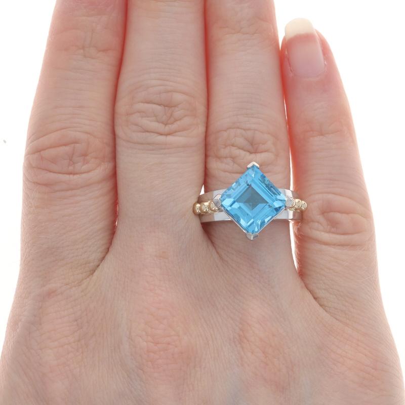 Cocktail Solitär-Ring aus Weißgold mit blauem Topas - 14k Quadratischer 5,18ct (Carréeschliff) im Angebot