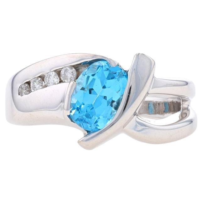 White Gold Blue Topaz & Diamond Bypass Ring - 14k Oval 2.62ctw Size 8 For Sale