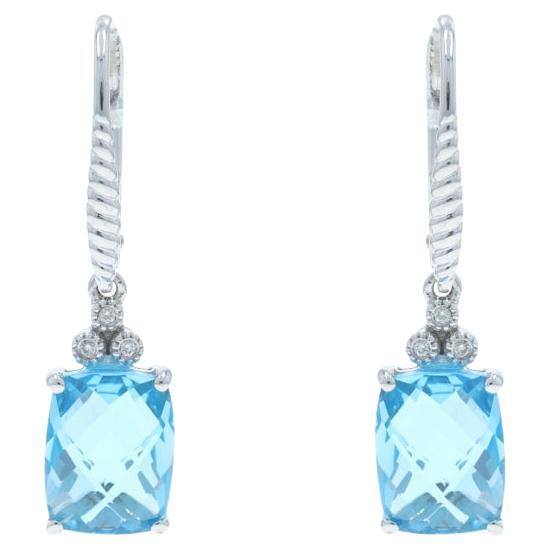 Boucles d'oreilles pendantes en or blanc avec topaze bleue et diamant -14k Check Cushion 6.83ctw Pierced en vente