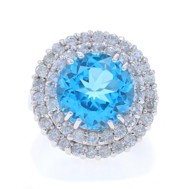 Size: 5 1/2
Sizing Fee: Up 1 1/2 sizes for $50 or Down 1/2 a size for $40

Metal Content: 14k White Gold

Stone Information

Natural Topaz
Treatment: Routinely Enhanced
Carat(s): 6.96ct
Cut: Round Portuguese
Color: Swiss Blue

Natural