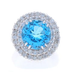 White Gold Blue Topaz & Diamond Double Halo Ring - 14k Round Portuguese 8.76ct