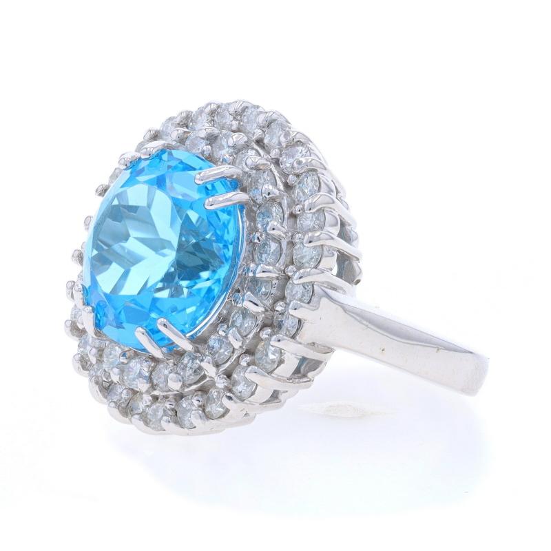 White Gold Blue Topaz & Diamond Double Halo Ring - 14k Round Portuguese 8.76ct In Excellent Condition For Sale In Greensboro, NC