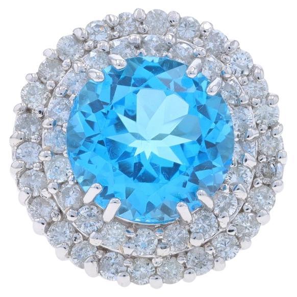 White Gold Blue Topaz & Diamond Double Halo Ring - 14k Round Portuguese 8.76ct For Sale