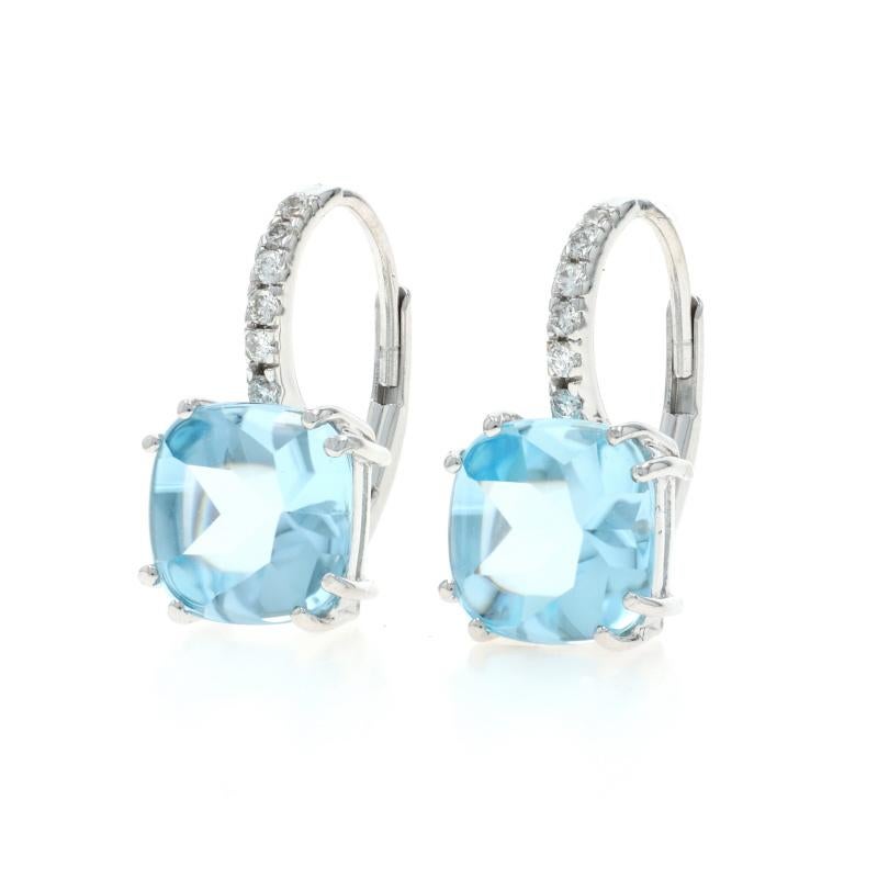 Cushion Cut White Gold Blue Topaz Diamond Drop Earrings 18k Buff Top Cushion 5.08ctw Pierced For Sale