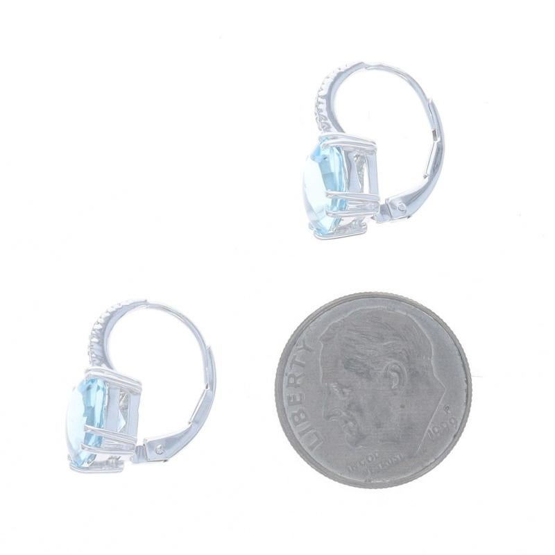White Gold Blue Topaz Diamond Drop Earrings 18k Buff Top Cushion 5.08ctw Pierced In Excellent Condition For Sale In Greensboro, NC