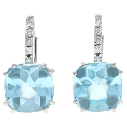 White Gold Blue Topaz Diamond Drop Earrings 18k Buff Top Cushion 5.08ctw Pierced For Sale