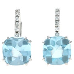 White Gold Blue Topaz Diamond Drop Earrings 18k Buff Top Cushion 5.08ctw Pierced