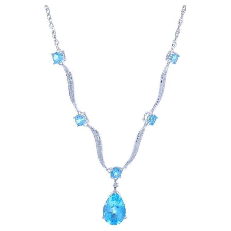 White Gold Blue Topaz & Diamond Drop Necklace 14 3/4" - 10k Pear & Round 8.02ctw For Sale