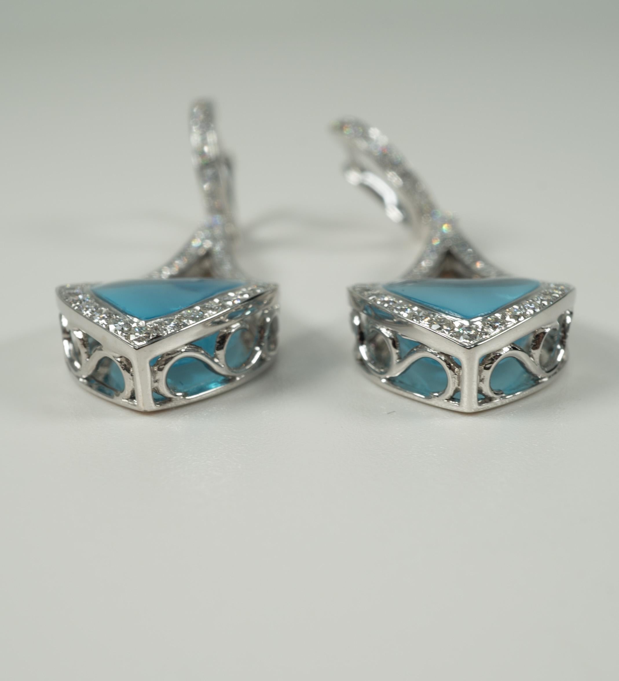 White Gold Blue Topaz Diamond Earrings In Good Condition For Sale In Dallas, TX