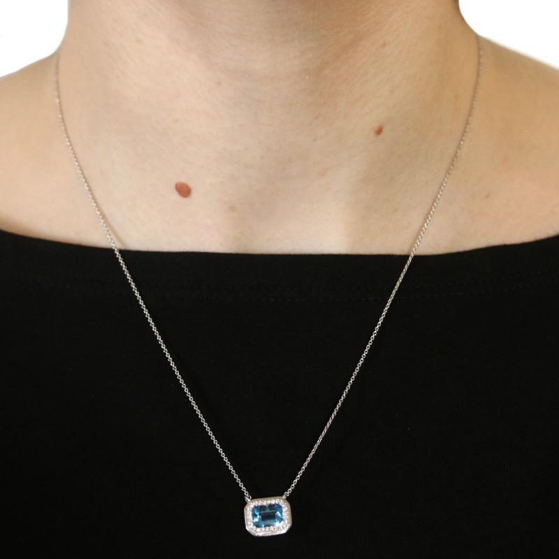 White Gold Blue Topaz & Diamond Halo Necklace 14k Emerald Cut 1.35ctw Adjustable In New Condition For Sale In Greensboro, NC