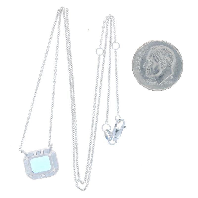 Women's White Gold Blue Topaz & Diamond Halo Necklace 14k Emerald Cut 1.35ctw Adjustable For Sale