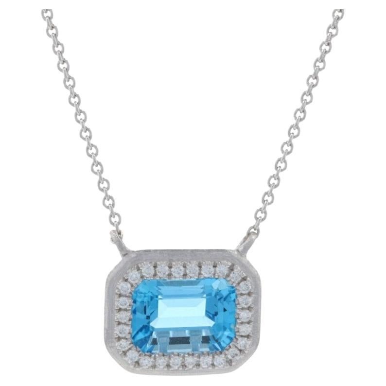 White Gold Blue Topaz & Diamond Halo Necklace 14k Emerald Cut 1.35ctw Adjustable For Sale