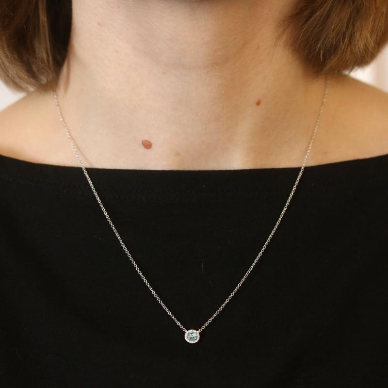 White Gold Blue Topaz & Diamond Halo Necklace 14k Rose Cabochon.46ctw Adjustable In New Condition For Sale In Greensboro, NC