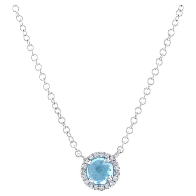 White Gold Blue Topaz & Diamond Halo Necklace 14k Rose Cabochon.46ctw Adjustable For Sale