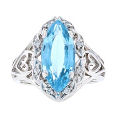 White Gold Blue Topaz 
Diamond Halo Ring 14k Fantasy Marquise Brilliant 3.86ctw