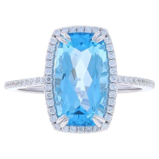 White Gold Blue Topaz Diamond Halo Ring - 14k Octagonal Cushion 3.73ctw