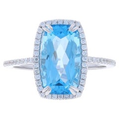 White Gold Blue Topaz Diamond Halo Ring - 14k Octagonal Cushion 3.73ctw