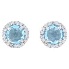 White Gold Blue Topaz & Diamond Halo Stud Earrings - 14k Round Rose Cut .76ctw