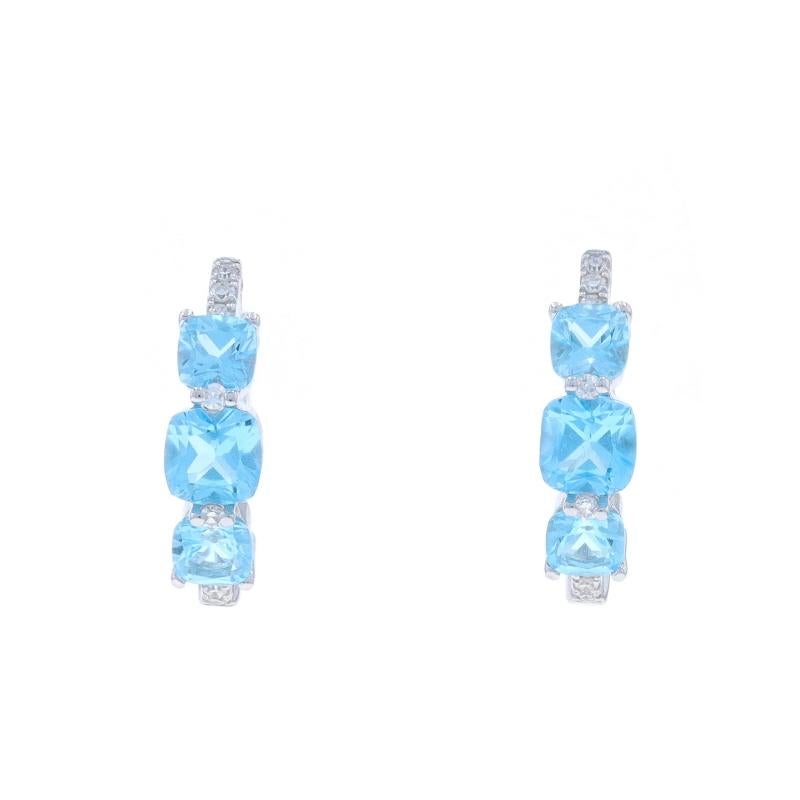 Cushion Cut White Gold Blue Topaz Diamond Hoop Earrings - 14k Cushion 1.37ctw Pierced For Sale