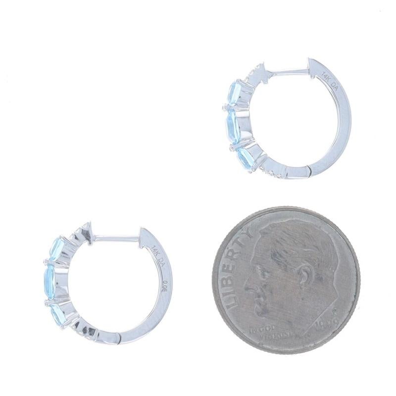 White Gold Blue Topaz Diamond Hoop Earrings - 14k Cushion 1.37ctw Pierced In New Condition For Sale In Greensboro, NC