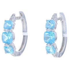 White Gold Blue Topaz Diamond Hoop Earrings - 14k Cushion 1.37ctw Pierced