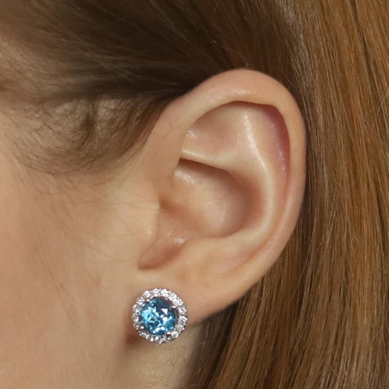 Round Cut White Gold Blue Topaz & Diamond Large Halo Stud Earrings 14k Rnd 3.84ctw Pierced For Sale