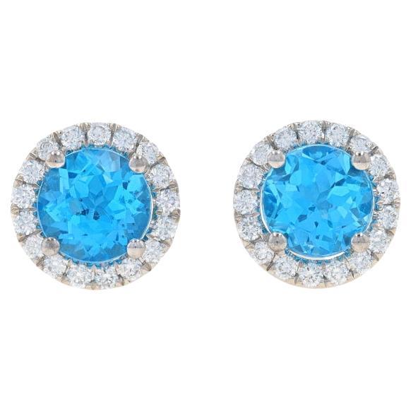 White Gold Blue Topaz & Diamond Large Halo Stud Earrings 14k Rnd 3.84ctw Pierced For Sale