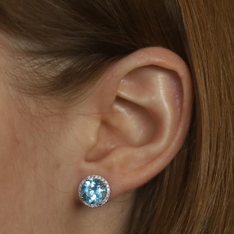 Round Cut White Gold Blue Topaz & Diamond Large Halo Stud Earrings 14k Rnd 4.49ctw Pierced For Sale