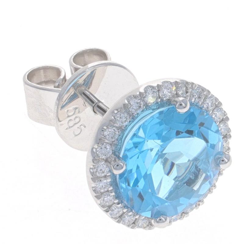 White Gold Blue Topaz & Diamond Large Halo Stud Earrings 14k Rnd 4.49ctw Pierced For Sale 1