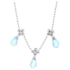 White Gold Blue Topaz & Diamond Necklace, 14k Briolette Cut
