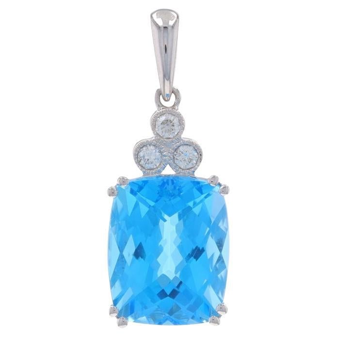 Or blanc Topaze bleue Diamant Pendentif 14k Coussin Damier 3.98ctw Milgrain