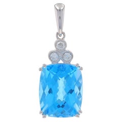 Ciondolo in oro bianco con diamante e topazio blu 14k a scacchiera 3,98ctw Milgrain
