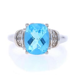 White Gold Blue Topaz & Diamond Ring - 10k Cushion Checkerboard 3.04ctw