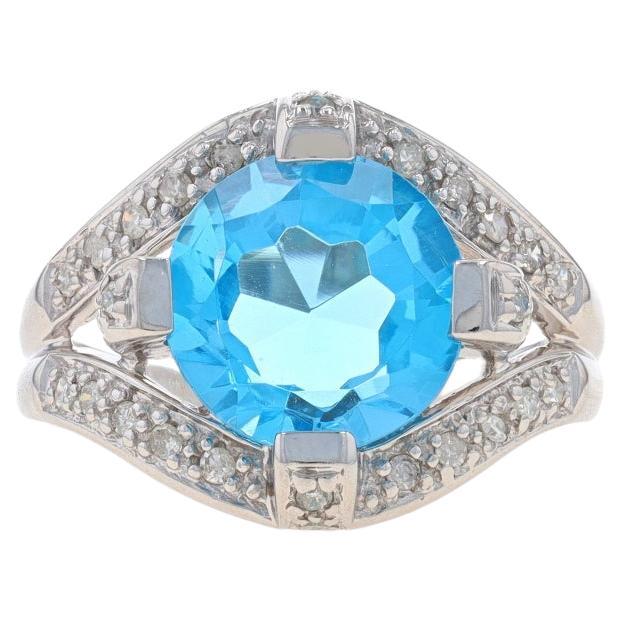 White Gold Blue Topaz & Diamond Ring - 10k Modified Round 3.25ctw For Sale