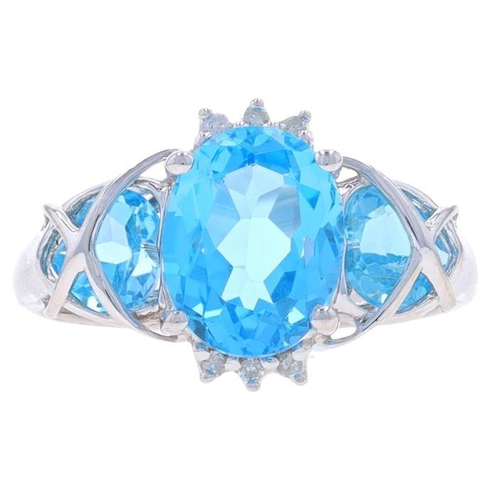 White Gold Blue Topaz Diamond Ring - 10k Oval & Heart 3.30ctw Three-Stone