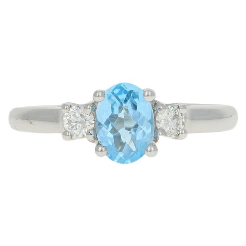 For Sale:  White Gold Blue Topaz & Diamond Ring, 14k Checkerboard Oval 1.31ctw Engagement
