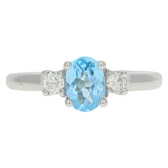 White Gold Blue Topaz & Diamond Ring, 14k Checkerboard Oval 1.31ctw Engagement