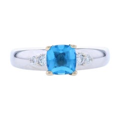 White Gold Blue Topaz & Diamond Ring, 14k Cushion 1.10ctw Engagement
