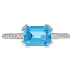 White Gold Blue Topaz Diamond Ring - 14k Emerald 1.89ctw East-West