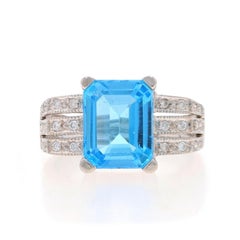 White Gold Blue Topaz & Diamond Ring - 14k Emerald Cut 4.04ctw Milgrain