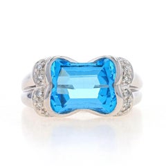 White Gold Blue Topaz & Diamond Ring - 14k Modified Barrel 8.02ctw East-West