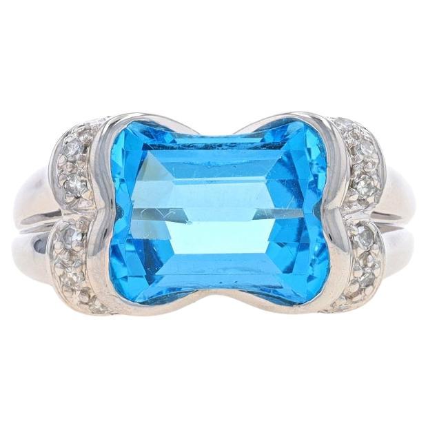 White Gold Blue Topaz & Diamond Ring - 14k Modified Barrel 8.02ctw East-West For Sale