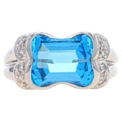 White Gold Blue Topaz & Diamond Ring - 14k Modified Barrel 8.02ctw East-West