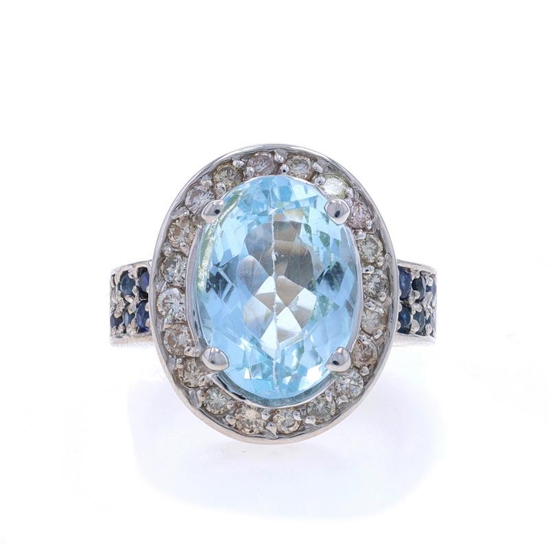 Size: 6 1/2
Sizing Fee: Up 1 size for $40 or Down 1/2 a size for $30

Metal Content: 14k White Gold

Stone Information

Natural Blue Topaz
Treatment: Routinely Enhanced
Carat(s): 6.56ct
Cut: Oval

Natural Diamonds
Carat(s): .60ctw
Cut: Round