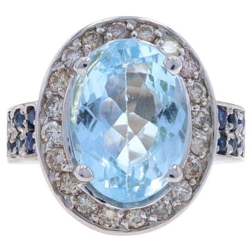 Anillo Halo de Topacio Azul, Diamante y Zafiro en Oro Blanco - 14k Oval 7.52ctw