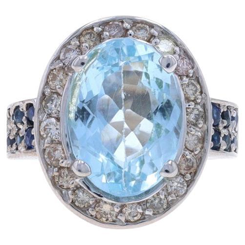 White Gold Blue Topaz, Diamond, & Sapphire Halo Ring - 14k Oval 7.52ctw