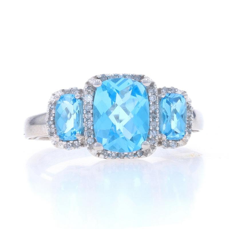 Size: 7
Sizing Fee: Up 2 sizes for $35 or Down 1 size for $25

Metal Content: 10k White Gold

Stone Information

Natural Blue Topaz
Treatment: Routinely Enhanced
Carat(s): 2.27ctw
Cut: Rectangular Cushion Checkerboard

Natural Diamonds
Carat(s):