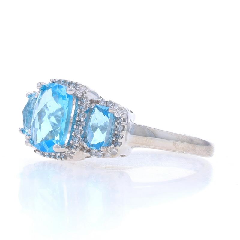 White Gold Blue Topaz & Diamond Three-Stone Halo Ring - 10k Rect Cushion 2.45ctw In Excellent Condition For Sale In Greensboro, NC