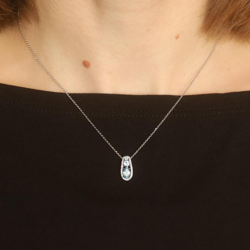 Oval Cut White Gold Blue Topaz & Diamond Three-Stone Necklace 16 1/4